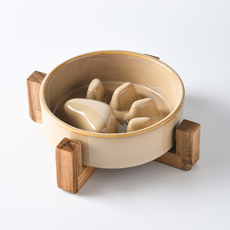 KFX-4604221 Japanese Style Medium Ceramic Pet Bowl for Cats and Dogs with Wooden Frame, 15.5cm