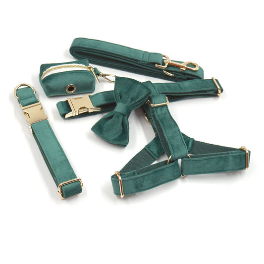 KFX-4605501 Christmas Green Velvet Dog Collar and Leash Set with Gold Buckle