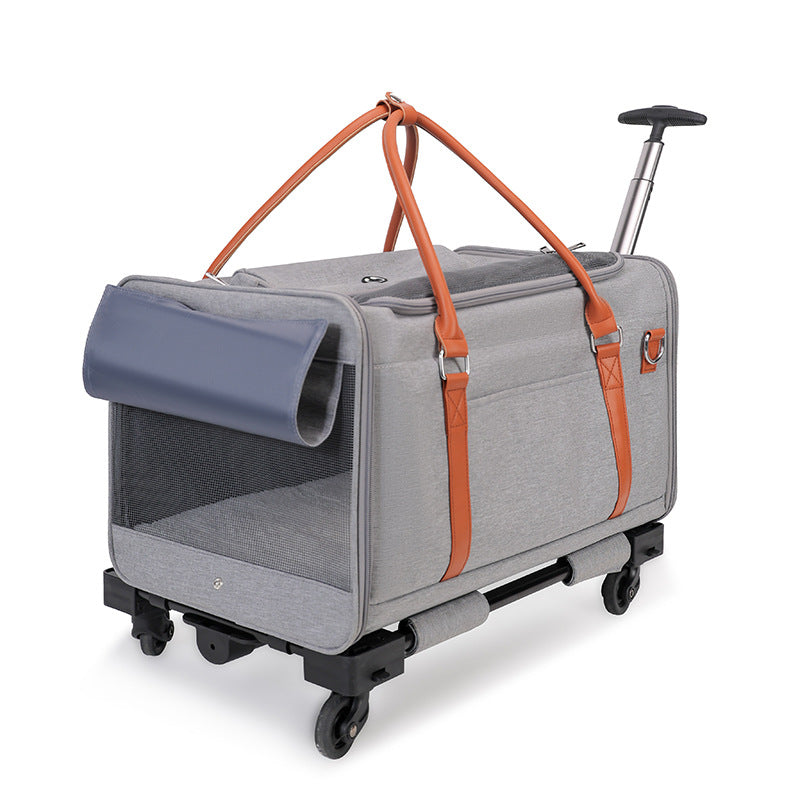 KFX-4606269 Portable Multifunctional Cat Carrier with Universal Wheels and Pull Rod - Soft Nylon Design