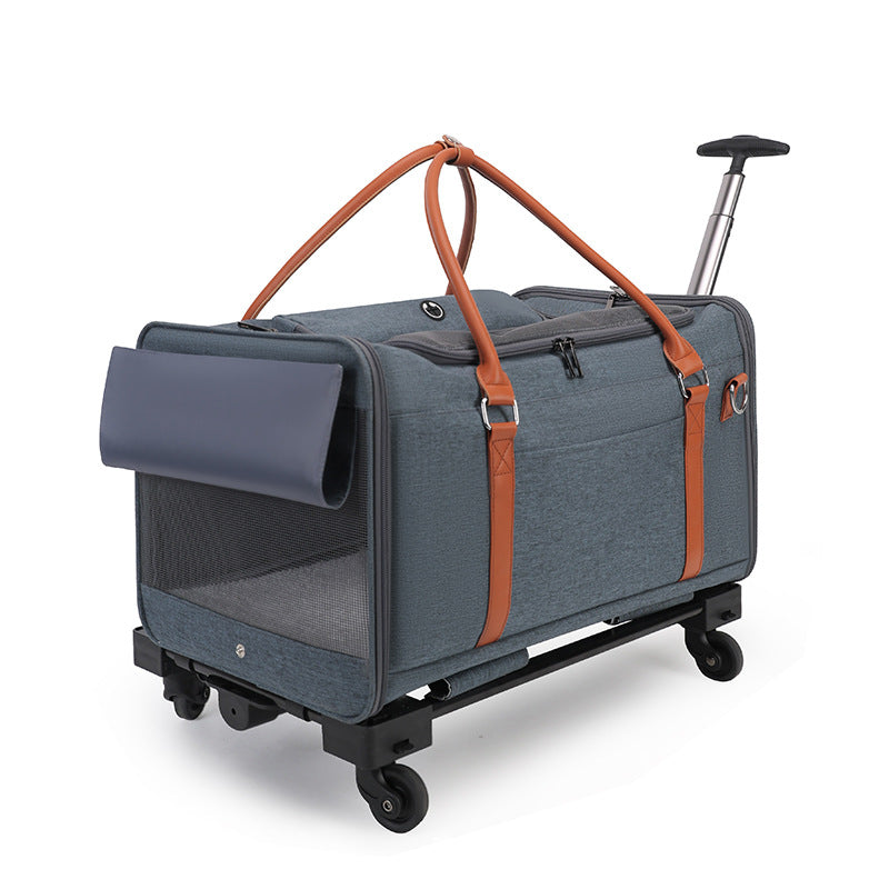 KFX-4606269 Portable Multifunctional Cat Carrier with Universal Wheels and Pull Rod - Soft Nylon Design