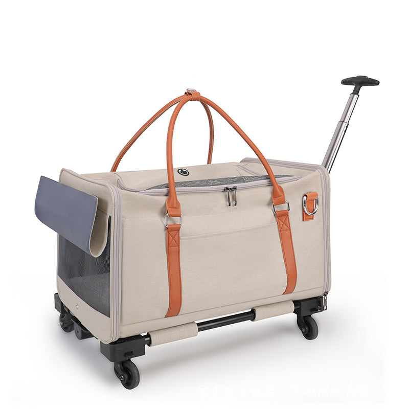 KFX-4606269 Portable Multifunctional Cat Carrier with Universal Wheels and Pull Rod - Soft Nylon Design