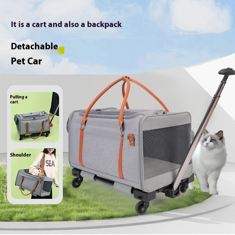 KFX-4606269 Portable Multifunctional Cat Carrier with Universal Wheels and Pull Rod - Soft Nylon Design