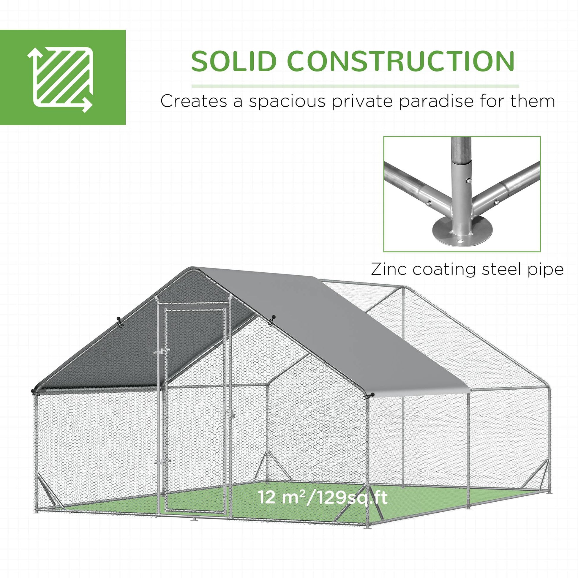 KFX-4607677 Metal Chicken Run with Cover and Lockable Door for Outdoor Use, Ideal for Small Animals, 10' x 13' x 6.5'