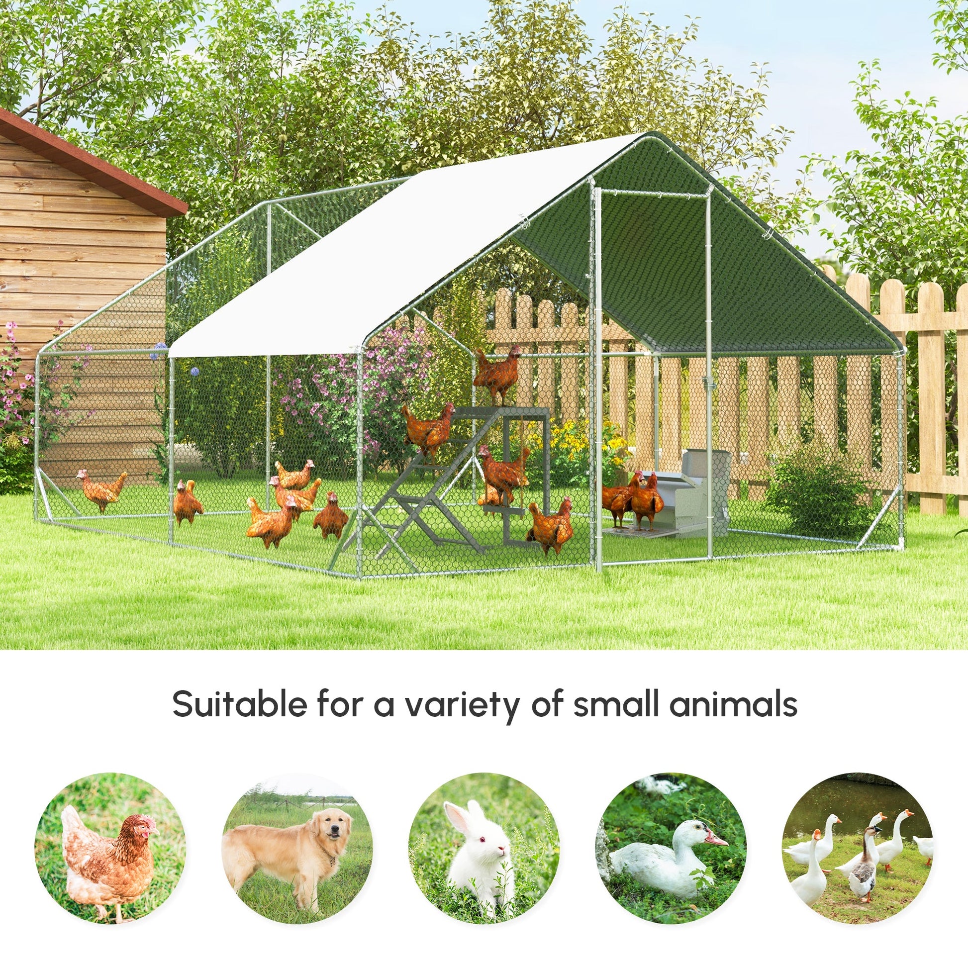 KFX-4607677 Metal Chicken Run with Cover and Lockable Door for Outdoor Use, Ideal for Small Animals, 10' x 13' x 6.5'