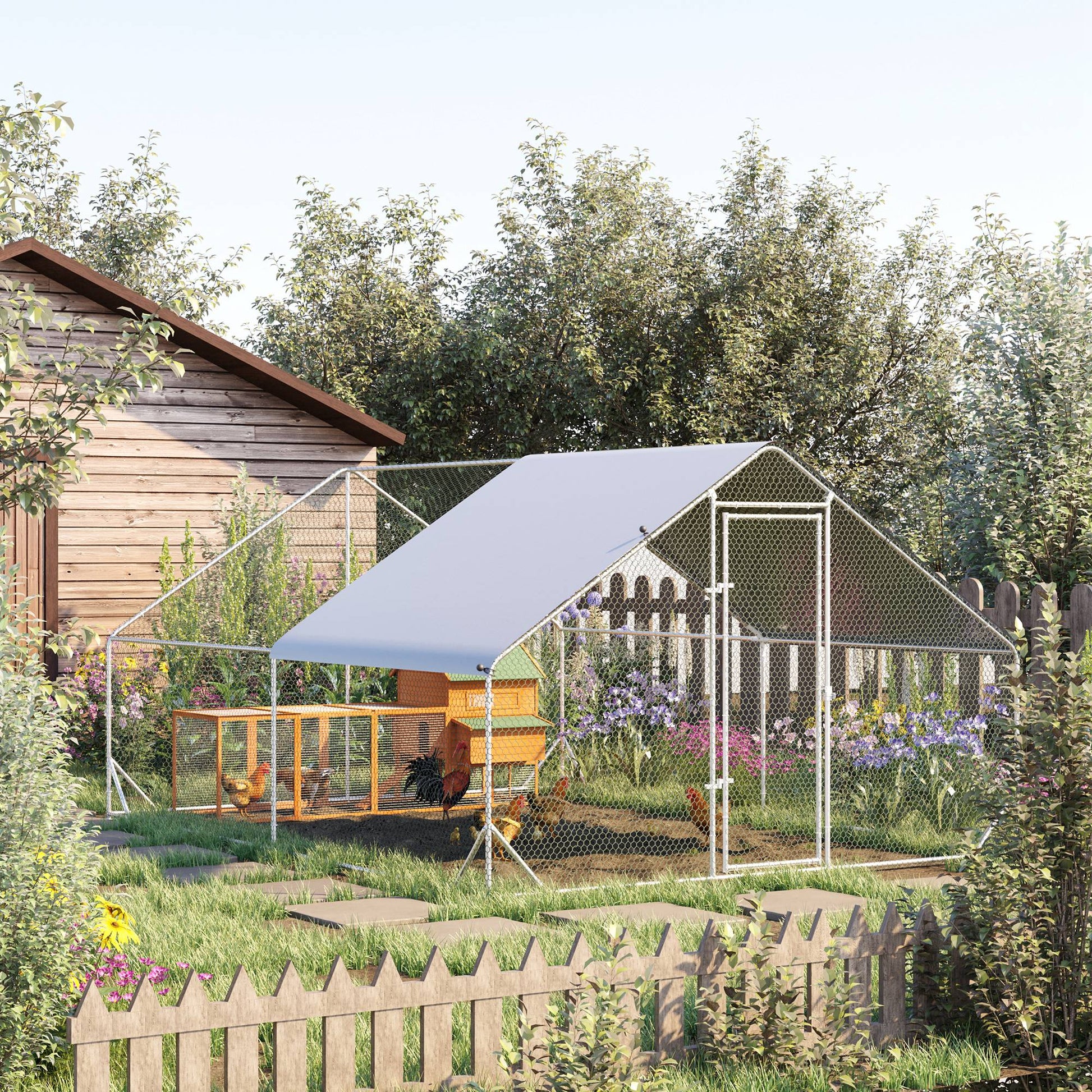 KFX-4607677 Metal Chicken Run with Cover and Lockable Door for Outdoor Use, Ideal for Small Animals, 10' x 13' x 6.5'