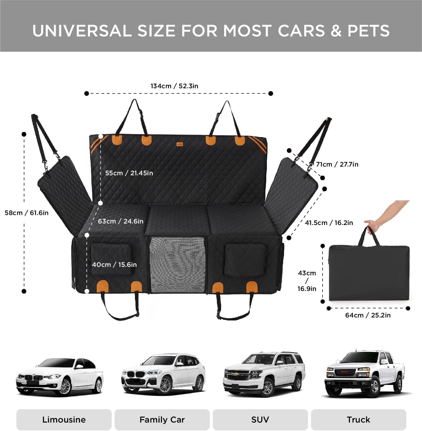 KFX-4611645 Dog Car Back Seat Cover with Waterproof, Non-Slip Design, 400 lbs Weight Capacity, 8-Layer Hard Bottom, Easy Installation and Cleaning
