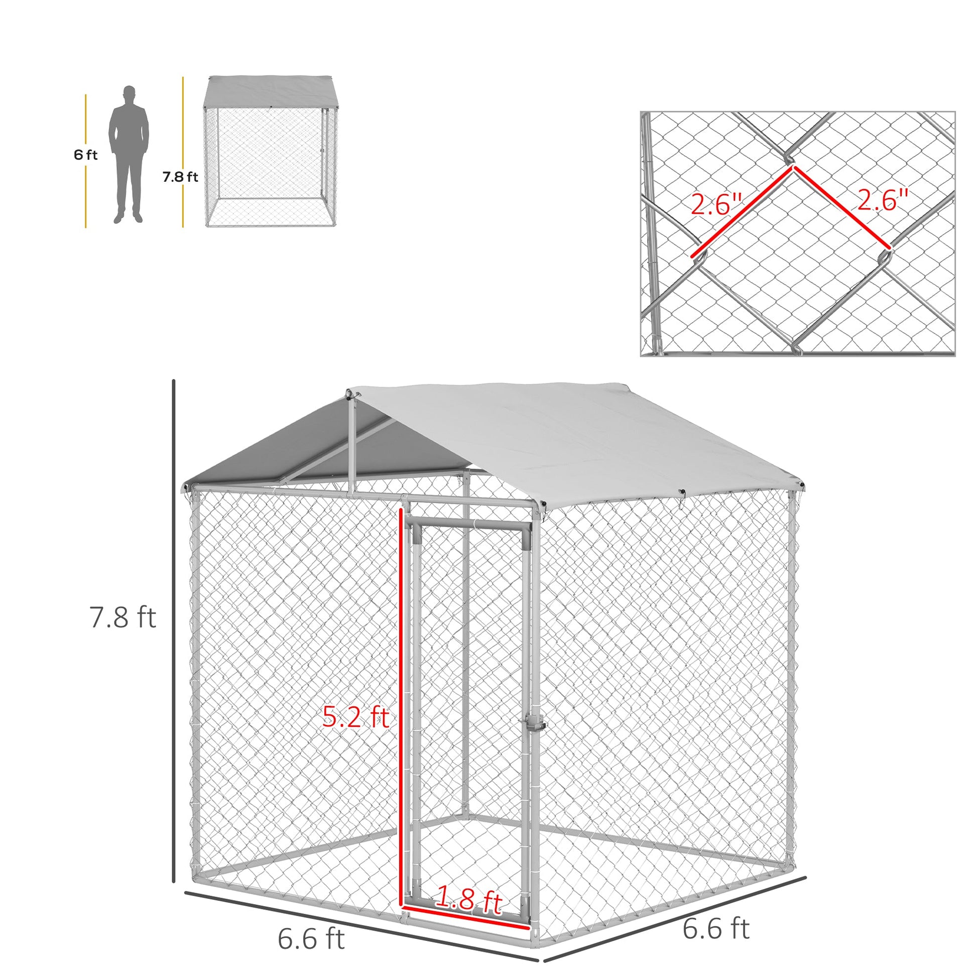 KFX-4613437 Outdoor Dog Kennel for Small to Medium Dogs with Waterproof Roof - 6.6' x 6.6' x 7.8' Silver, Heavy-Duty Steel Construction