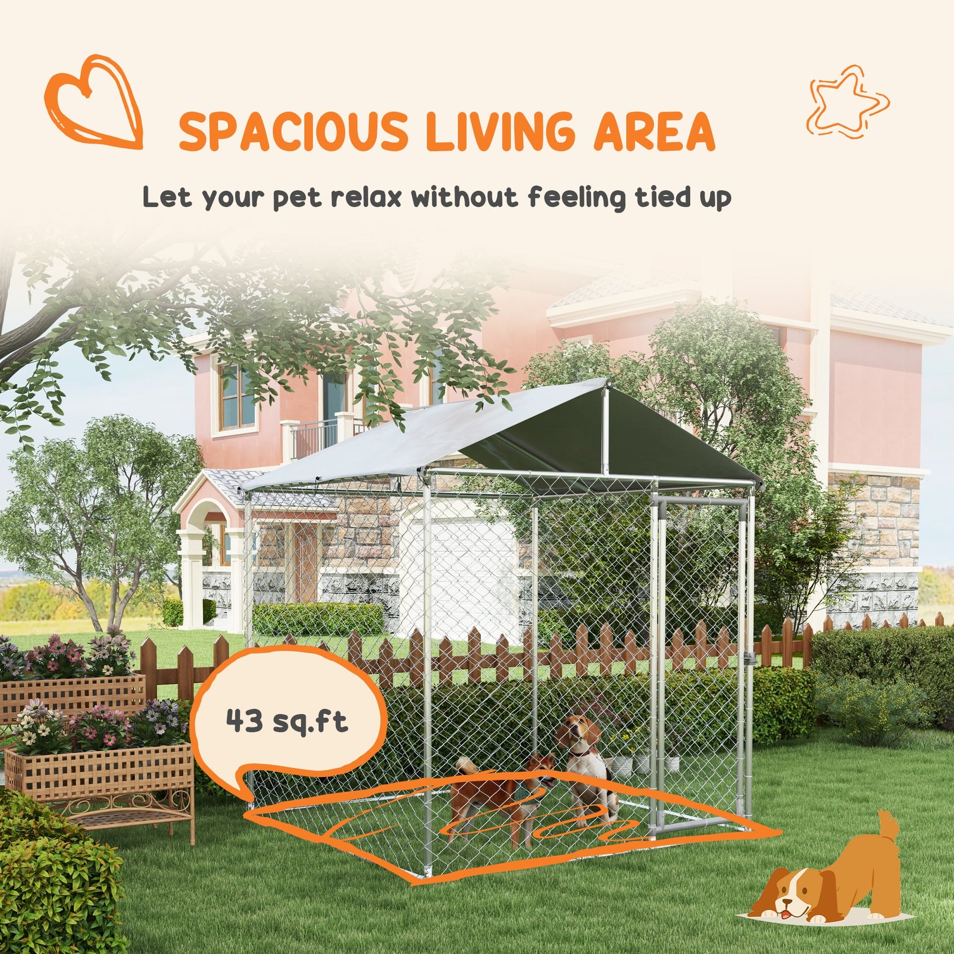 KFX-4613437 Outdoor Dog Kennel for Small to Medium Dogs with Waterproof Roof - 6.6' x 6.6' x 7.8' Silver, Heavy-Duty Steel Construction