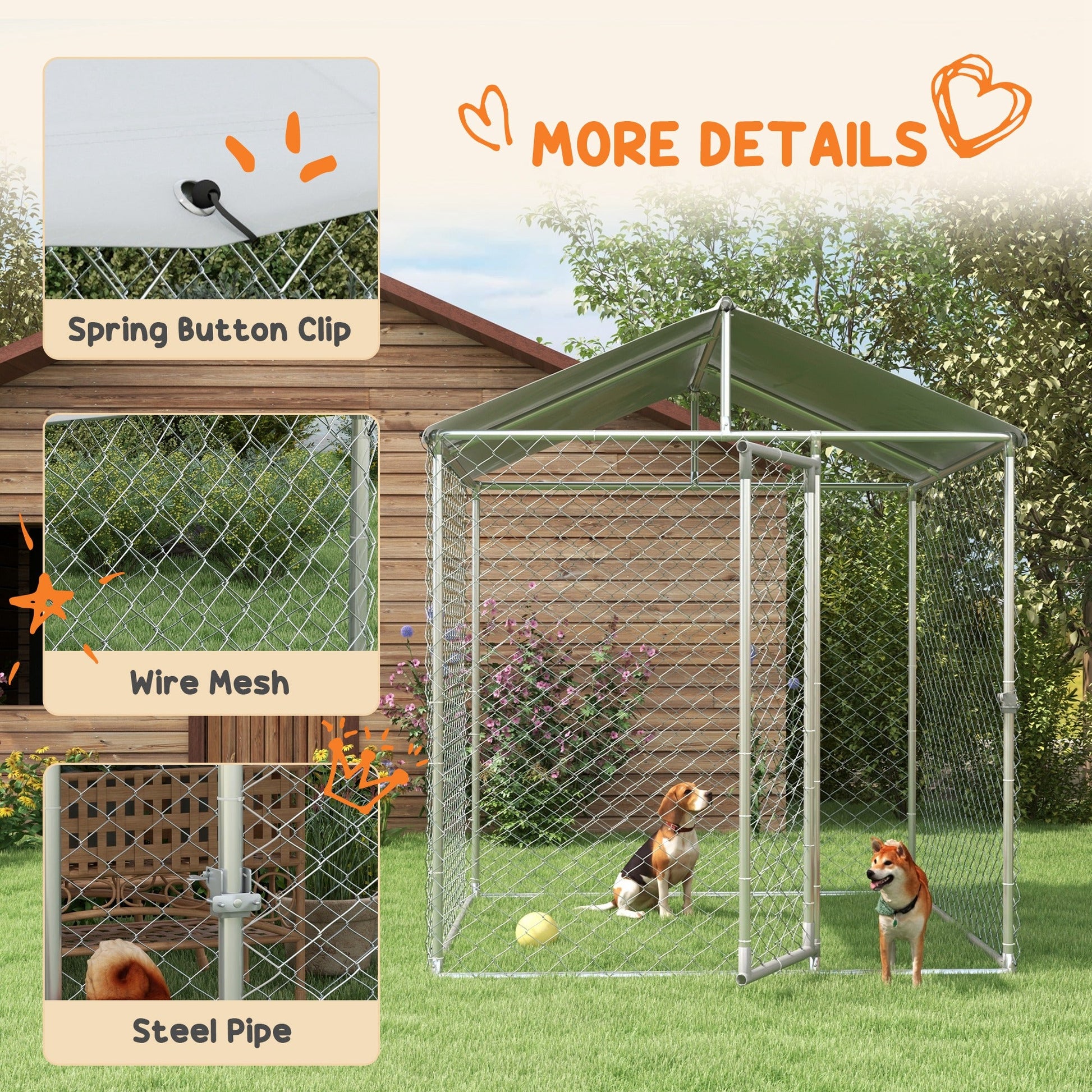 KFX-4613437 Outdoor Dog Kennel for Small to Medium Dogs with Waterproof Roof - 6.6' x 6.6' x 7.8' Silver, Heavy-Duty Steel Construction