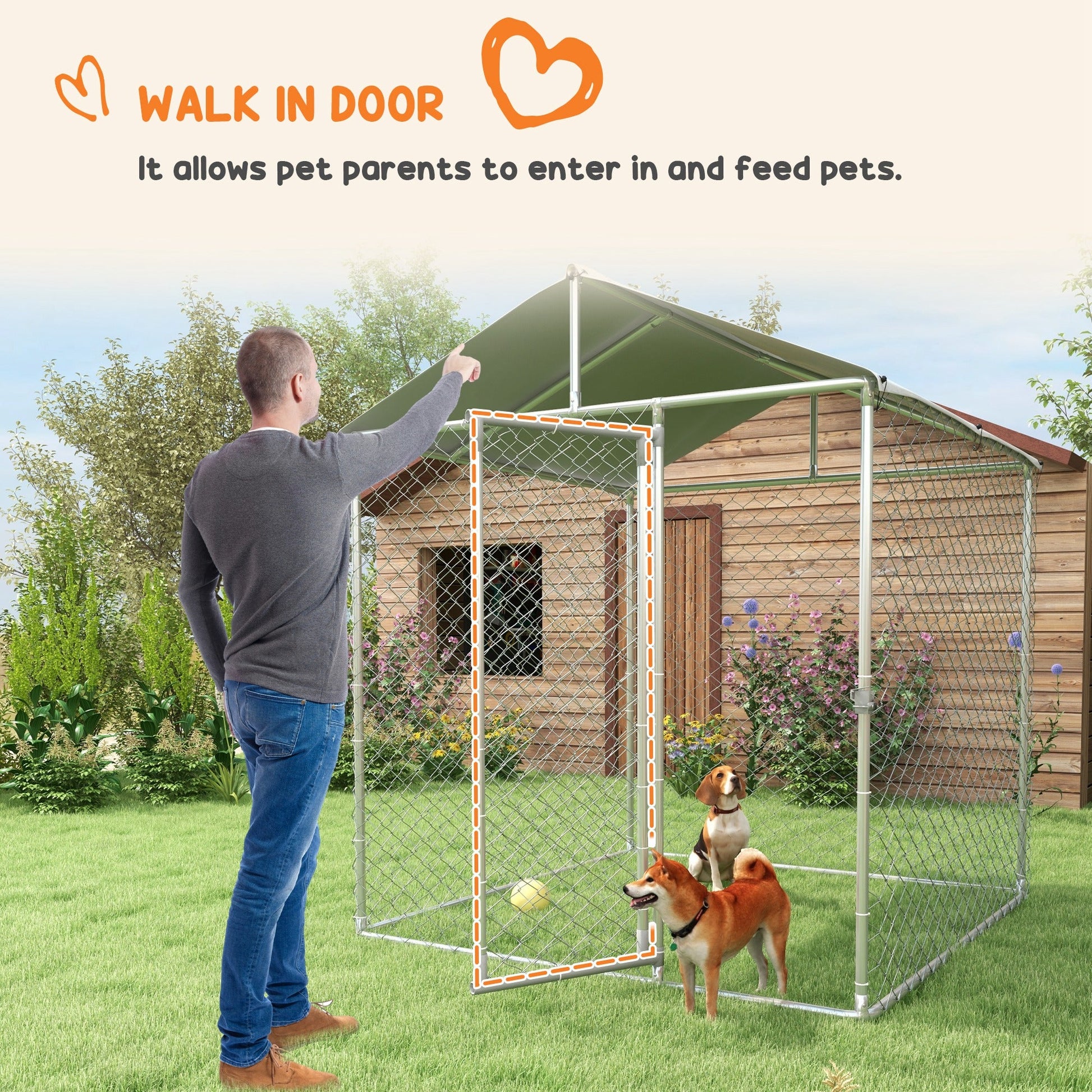 KFX-4613437 Outdoor Dog Kennel for Small to Medium Dogs with Waterproof Roof - 6.6' x 6.6' x 7.8' Silver, Heavy-Duty Steel Construction