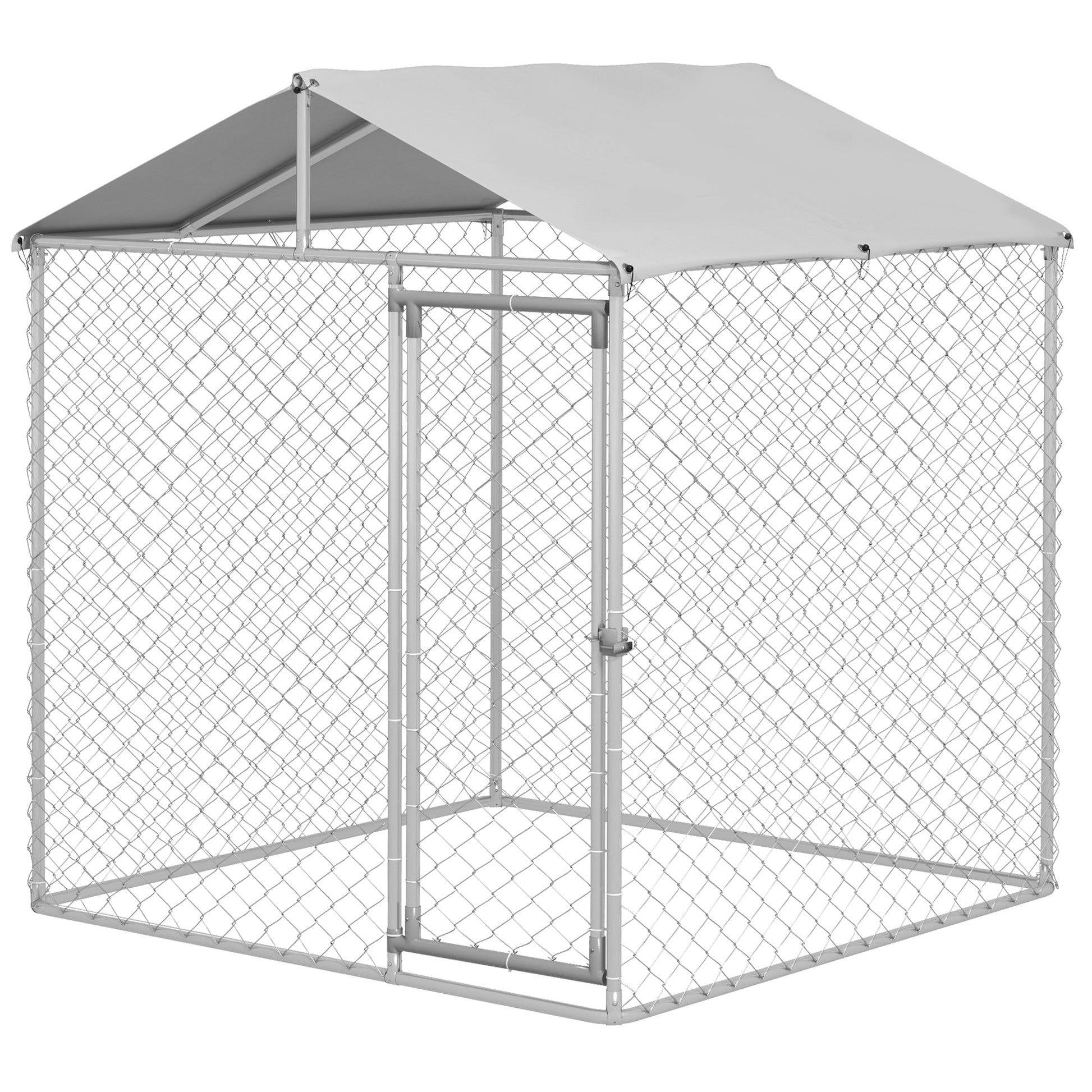 KFX-4613437 Outdoor Dog Kennel for Small to Medium Dogs with Waterproof Roof - 6.6' x 6.6' x 7.8' Silver, Heavy-Duty Steel Construction