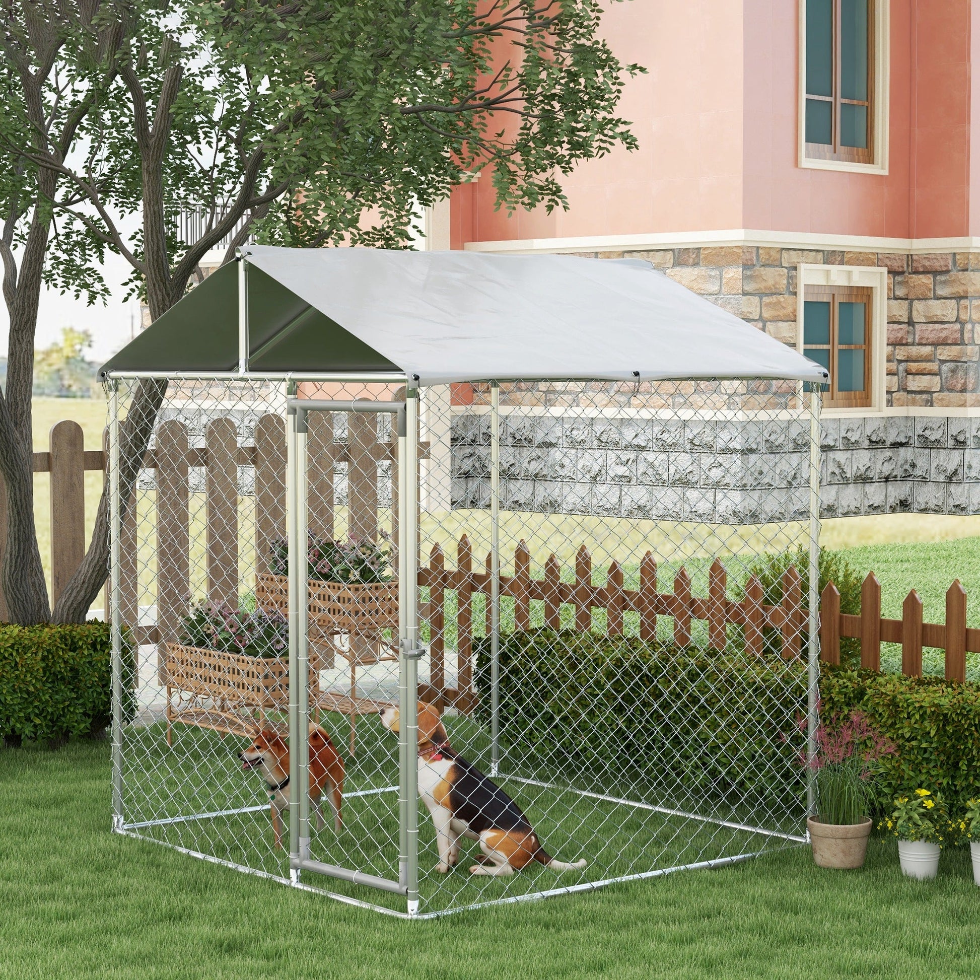 KFX-4613437 Outdoor Dog Kennel for Small to Medium Dogs with Waterproof Roof - 6.6' x 6.6' x 7.8' Silver, Heavy-Duty Steel Construction