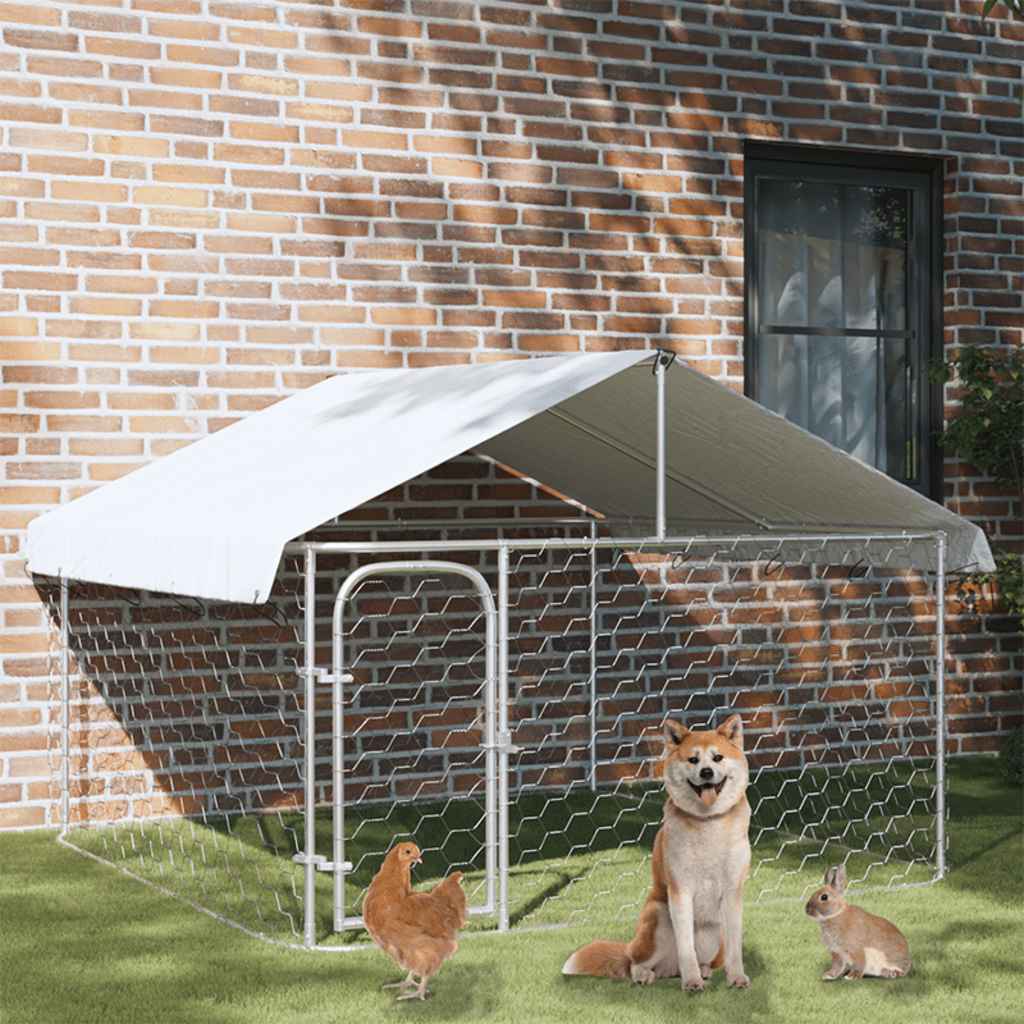 KFX-4614845 Outdoor Dog Kennel with Roof - Galvanized Steel, Weather-Resistant, Secure Play Area for Pets