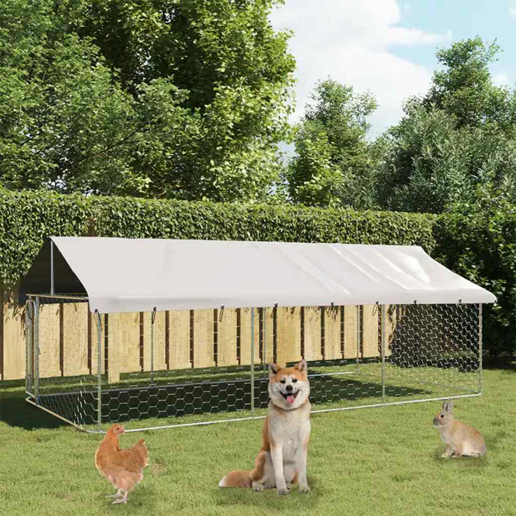 KFX-4614845 Outdoor Dog Kennel with Roof - Galvanized Steel, Weather-Resistant, Secure Play Area for Pets