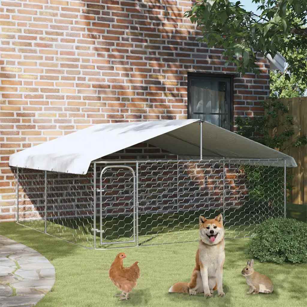 KFX-4614845 Outdoor Dog Kennel with Roof - Galvanized Steel, Weather-Resistant, Secure Play Area for Pets
