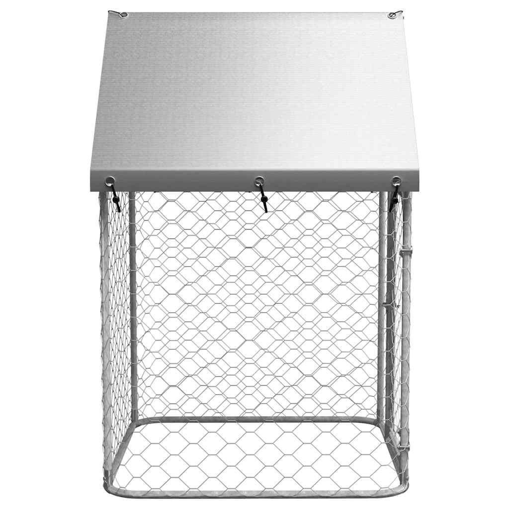 KFX-4614845 Outdoor Dog Kennel with Roof - Galvanized Steel, Weather-Resistant, Secure Play Area for Pets