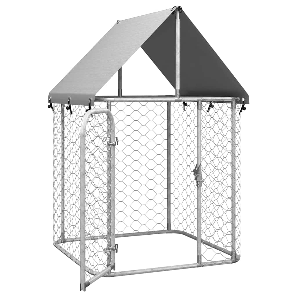 KFX-4614845 Outdoor Dog Kennel with Roof - Galvanized Steel, Weather-Resistant, Secure Play Area for Pets