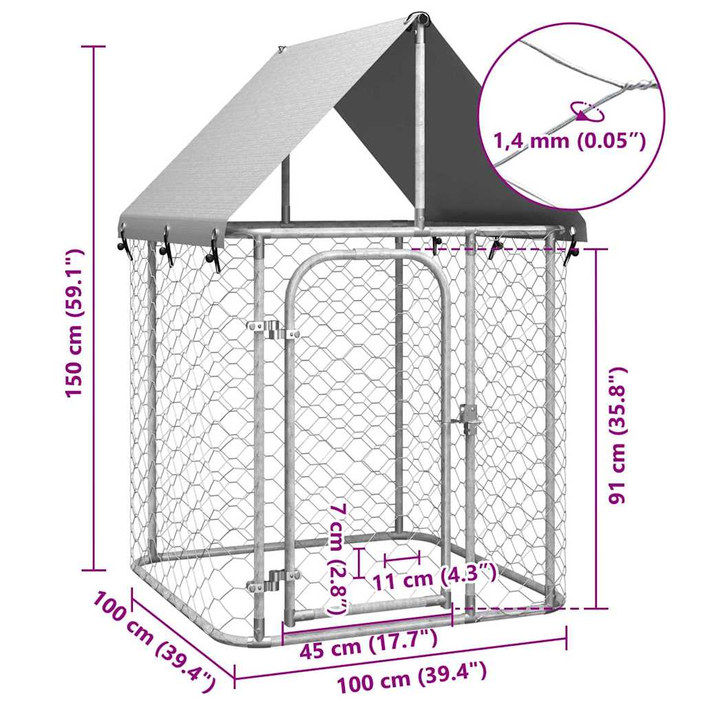 KFX-4614845 Outdoor Dog Kennel with Roof - Galvanized Steel, Weather-Resistant, Secure Play Area for Pets