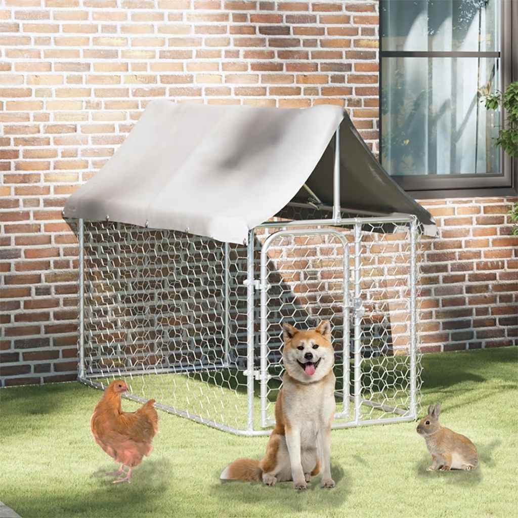 KFX-4614845 Outdoor Dog Kennel with Roof - Galvanized Steel, Weather-Resistant, Secure Play Area for Pets