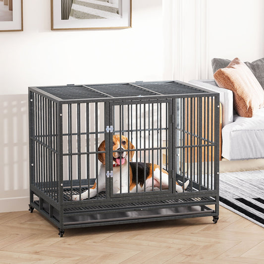 KFX-4619197 Heavy Duty 43" Dog Crate Metal Cage with Lockable Wheels, Double Door, Removable Tray in Gray