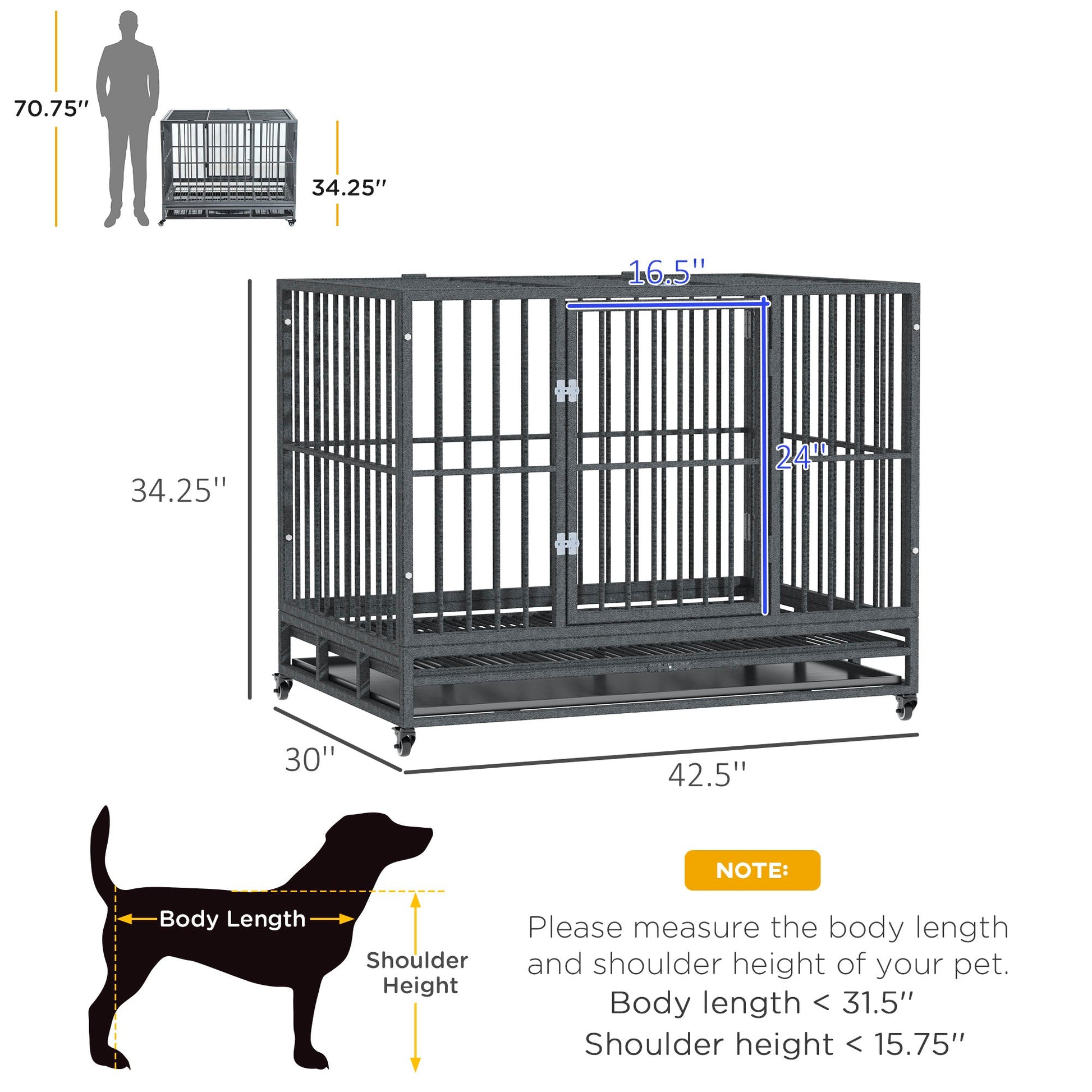 KFX-4619197 Heavy Duty 43" Dog Crate Metal Cage with Lockable Wheels, Double Door, Removable Tray in Gray