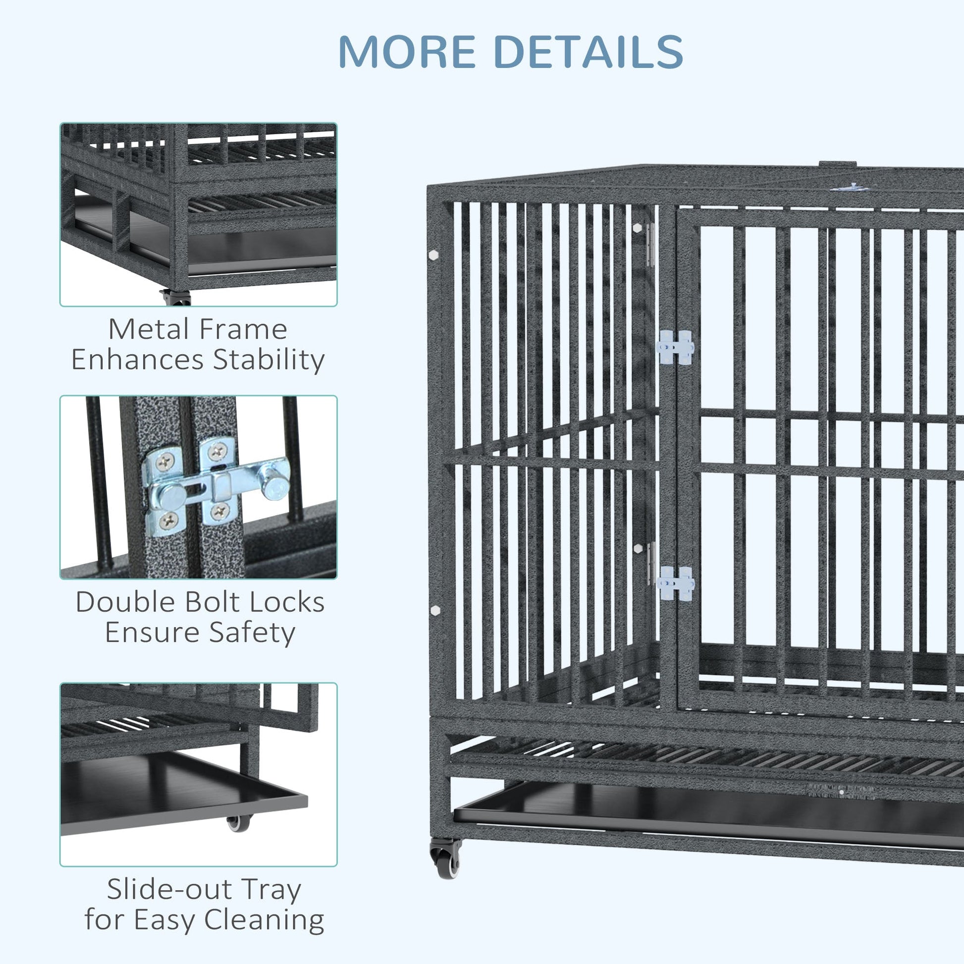 KFX-4619197 Heavy Duty 43" Dog Crate Metal Cage with Lockable Wheels, Double Door, Removable Tray in Gray