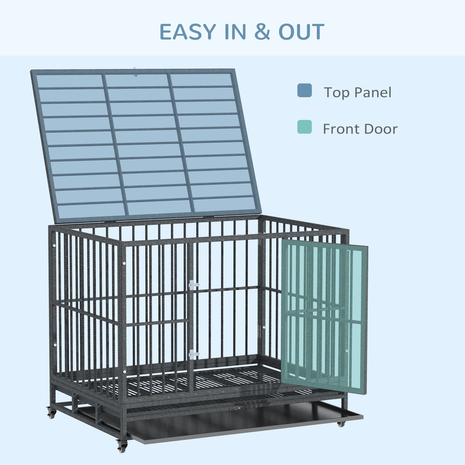 KFX-4619197 Heavy Duty 43" Dog Crate Metal Cage with Lockable Wheels, Double Door, Removable Tray in Gray