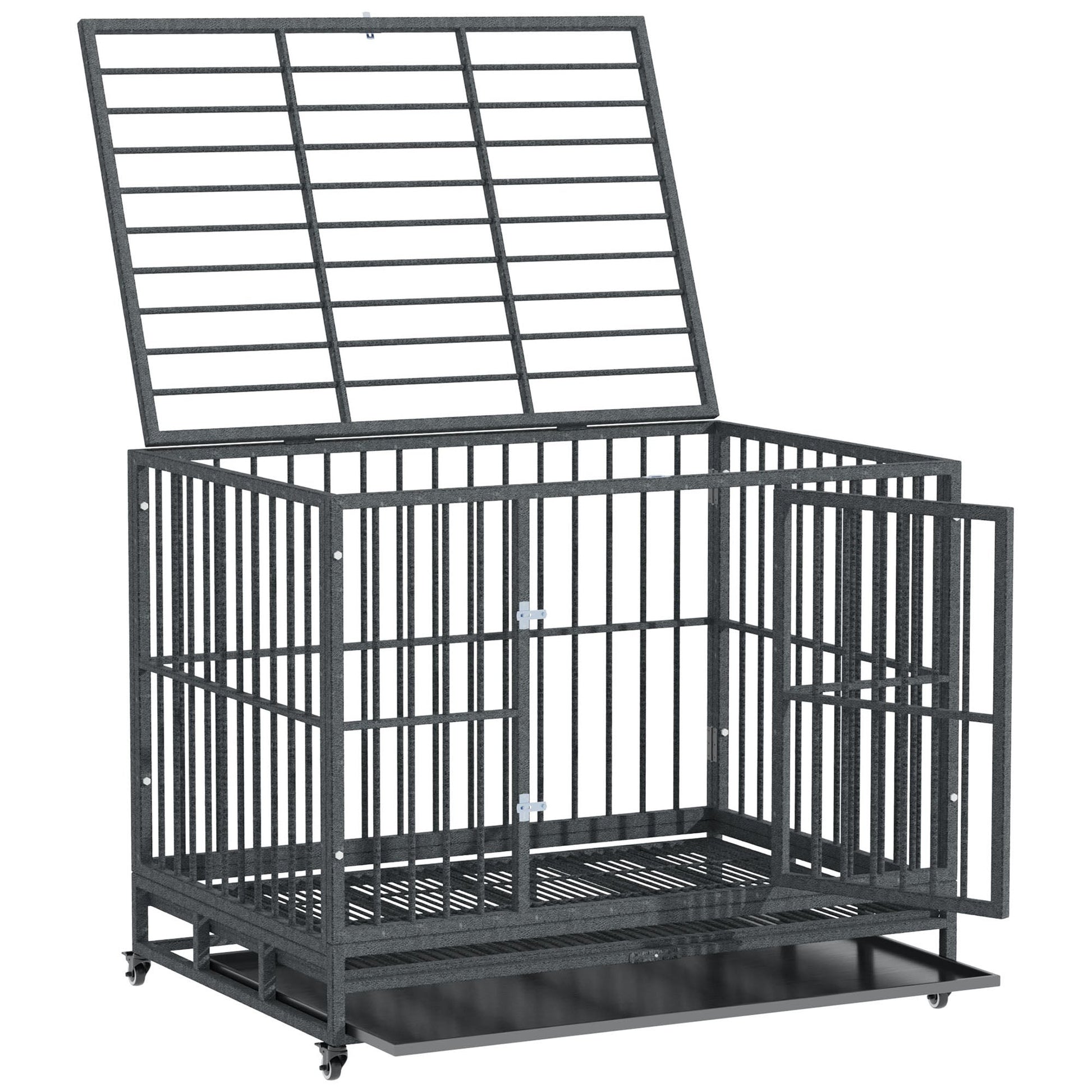 KFX-4619197 Heavy Duty 43" Dog Crate Metal Cage with Lockable Wheels, Double Door, Removable Tray in Gray
