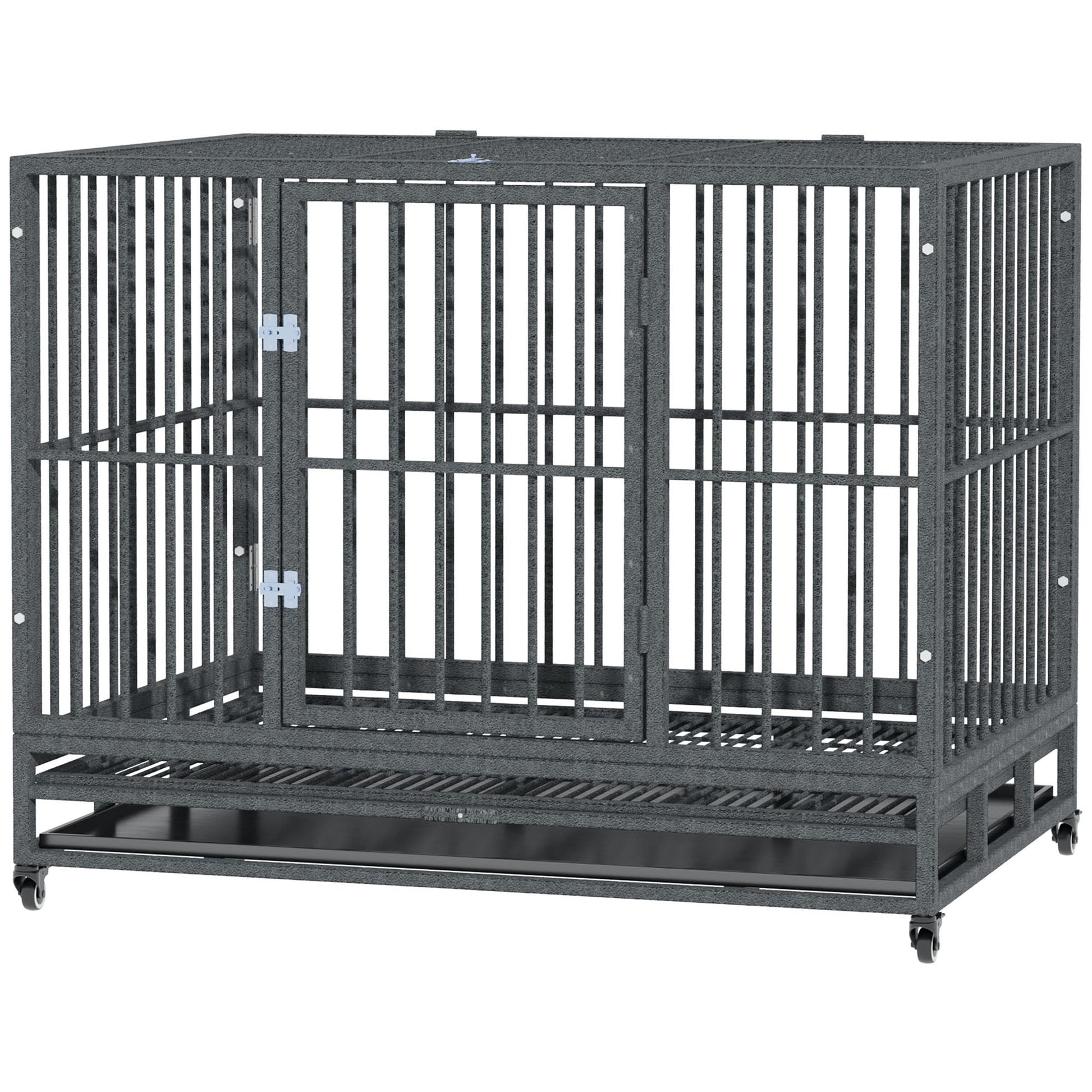 KFX-4619197 Heavy Duty 43" Dog Crate Metal Cage with Lockable Wheels, Double Door, Removable Tray in Gray