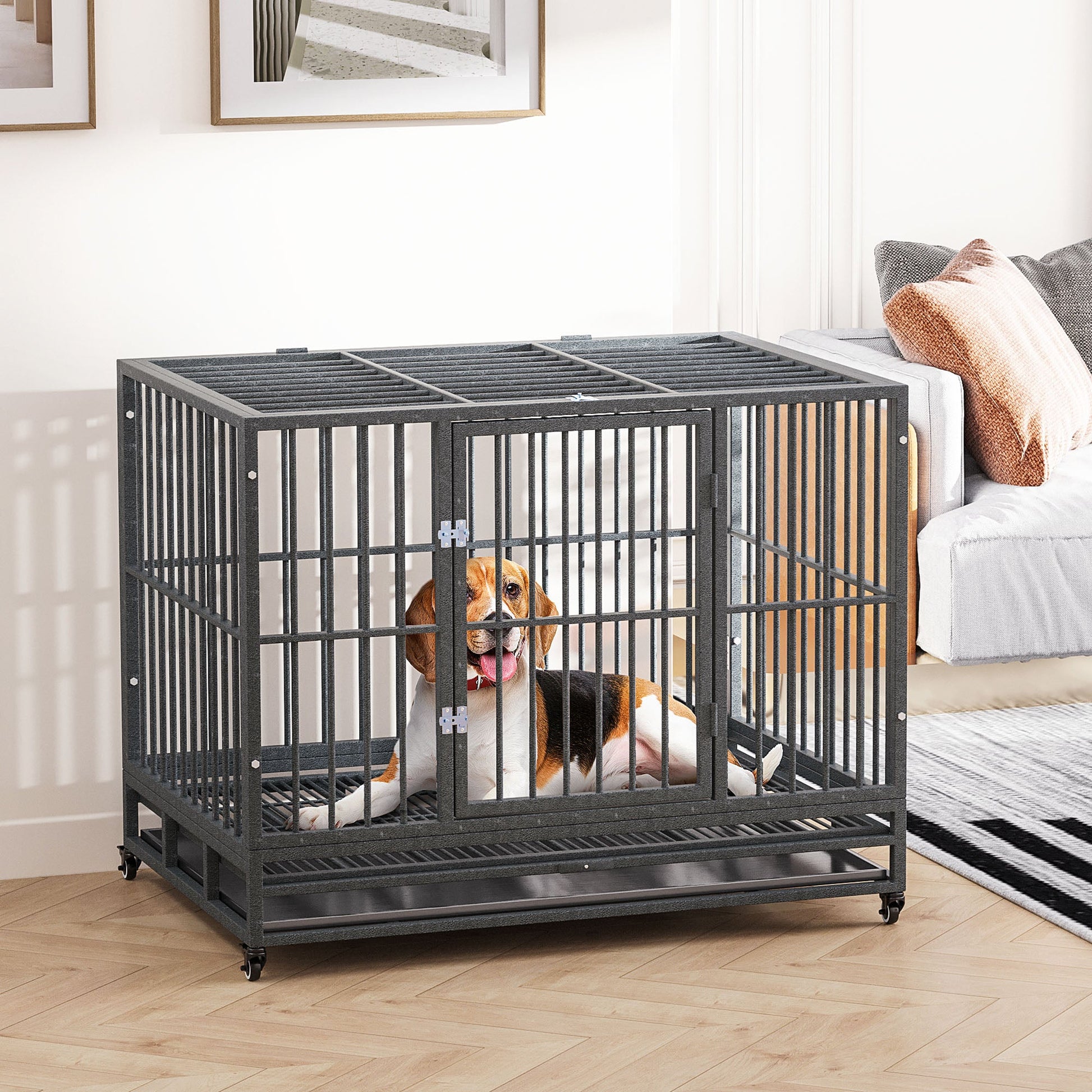 KFX-4619197 Heavy Duty 43" Dog Crate Metal Cage with Lockable Wheels, Double Door, Removable Tray in Gray