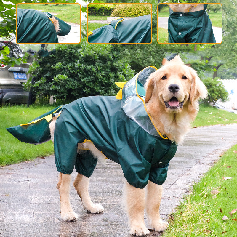 KFX-4619709 All-Weather Four-Legged Pet Raincoat in Dinosaur, Tiger, Bee, and Cow Designs