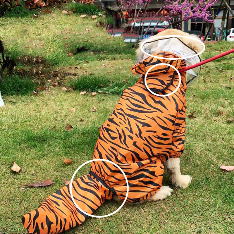 KFX-4619709 All-Weather Four-Legged Pet Raincoat in Dinosaur, Tiger, Bee, and Cow Designs
