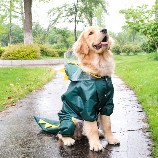 KFX-4619709 All-Weather Four-Legged Pet Raincoat in Dinosaur, Tiger, Bee, and Cow Designs