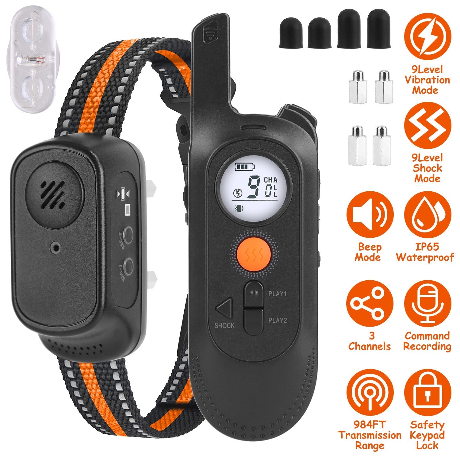 KFX-4620989 Rechargeable Dog Training Collar with 3 Training Modes, IP65 Waterproof, 984FT Range, Safety Lock, and Adjustable Correction Levels