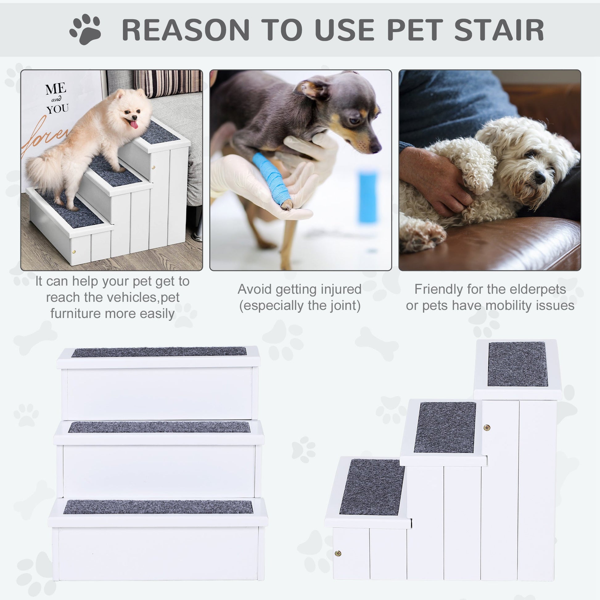KFX-4626749 3-Step Carpeted Non-Slip Pet Stairs for Cats & Small Dogs - Compact Storage Design