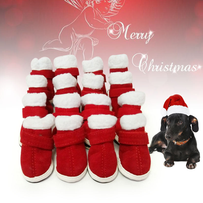 KFX-4627901 Cozy Red Plush Christmas Boots for Small Dogs - Non-Slip Warm Footwear