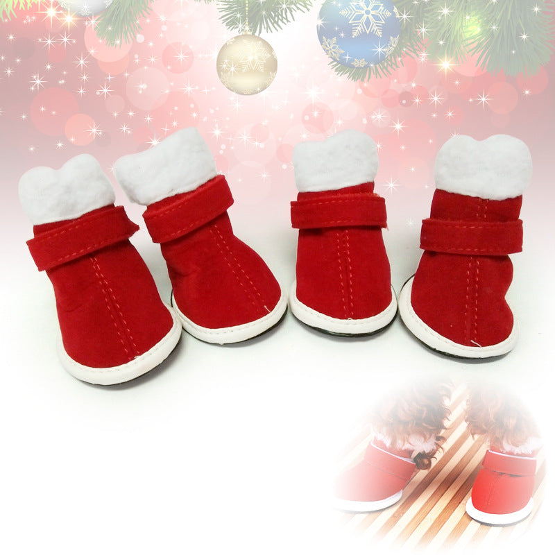 KFX-4627901 Cozy Red Plush Christmas Boots for Small Dogs - Non-Slip Warm Footwear