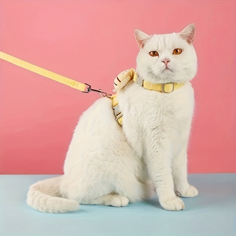 KFX-4634301 Adjustable Escape-Proof Cat Harness and Leash Set in Yellow Bee Plaid for Small to Large Cats