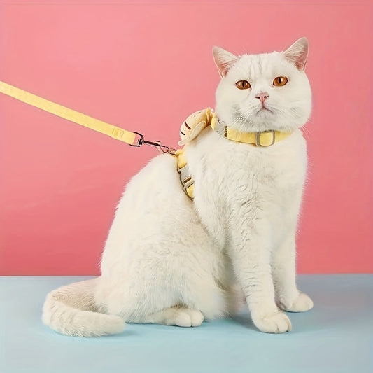 KFX-4634301 Adjustable Escape-Proof Cat Harness and Leash Set in Yellow Bee Plaid for Small to Large Cats