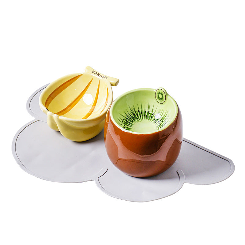 KFX-4642749 Cat Bowl Set with Protective Cushion - Ceramic Kiwi and Banana Designs - Medium Size