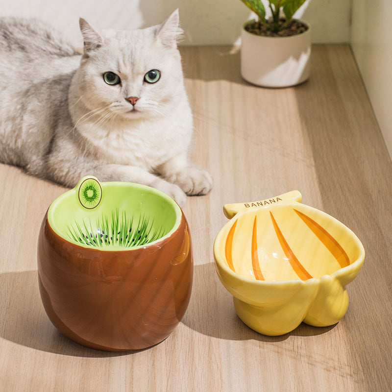 KFX-4642749 Cat Bowl Set with Protective Cushion - Ceramic Kiwi and Banana Designs - Medium Size
