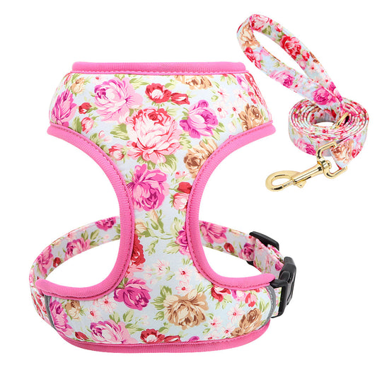 KFX-4656445 Adjustable Broken Flower Pattern Dog Leash and Chest Harness for Small Breeds