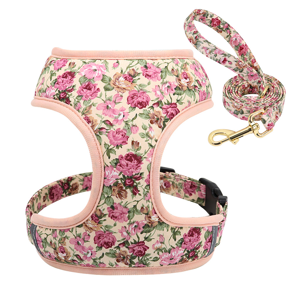 KFX-4656445 Adjustable Broken Flower Pattern Dog Leash and Chest Harness for Small Breeds