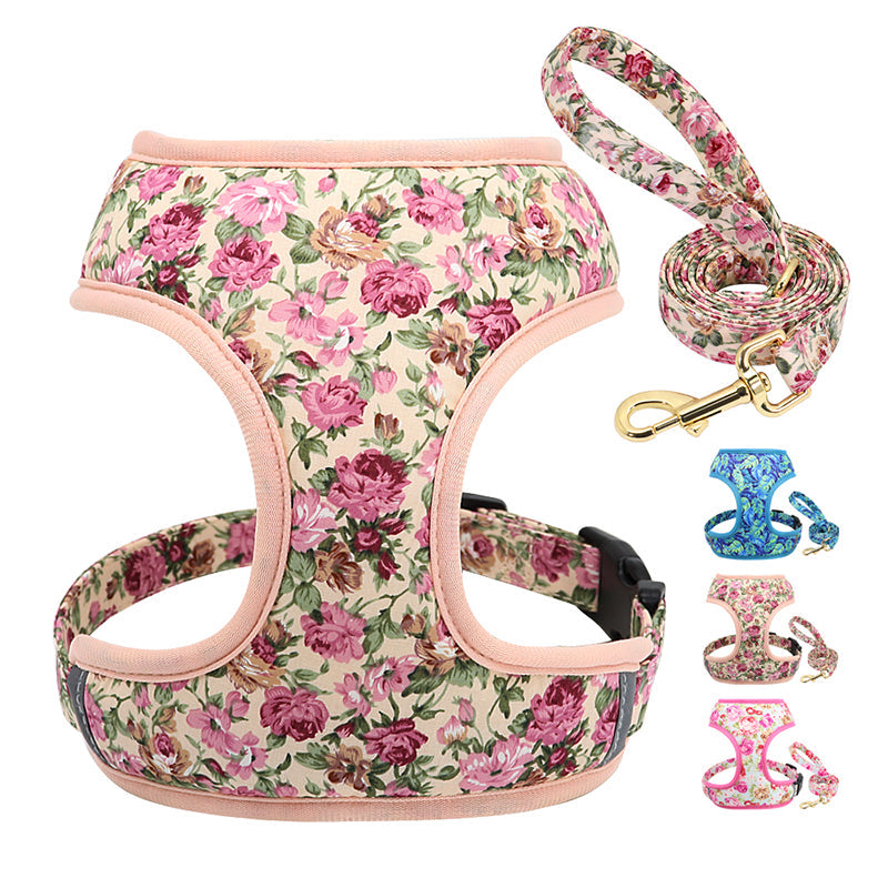 KFX-4656445 Adjustable Broken Flower Pattern Dog Leash and Chest Harness for Small Breeds