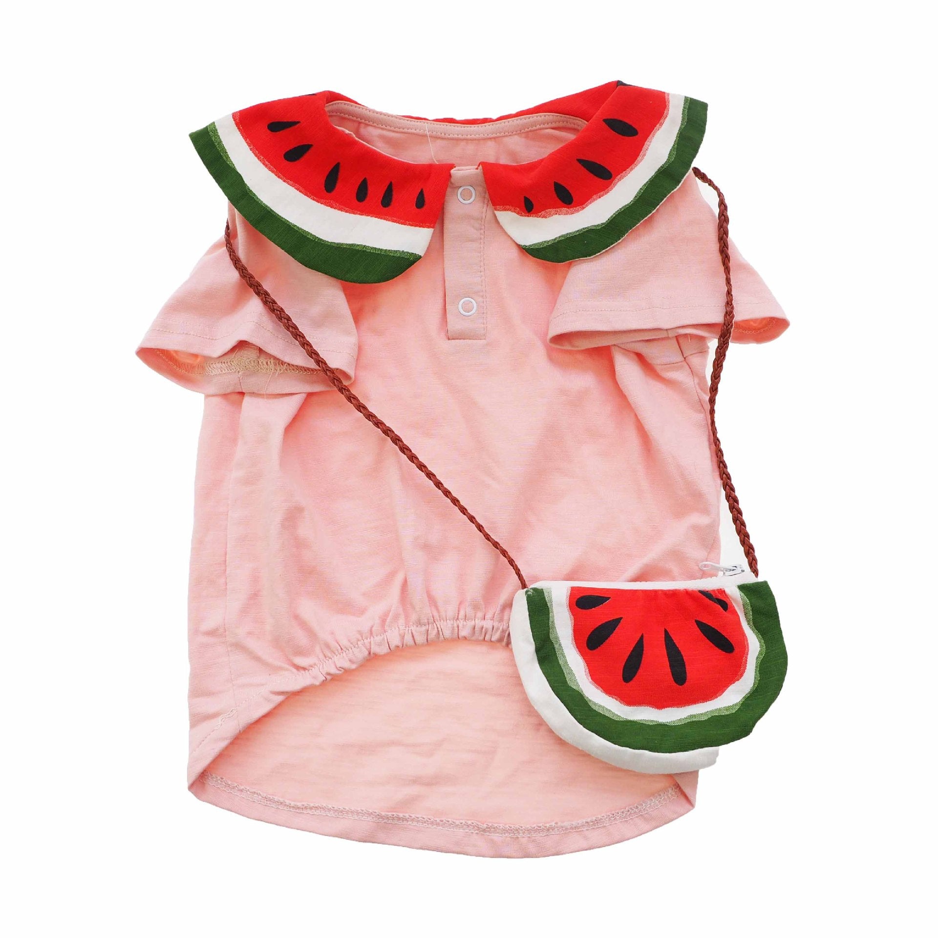 KFX-4658621 Watermelon Print Cotton Dog Outfit with Bag - Breathable Casual Wear for Pets