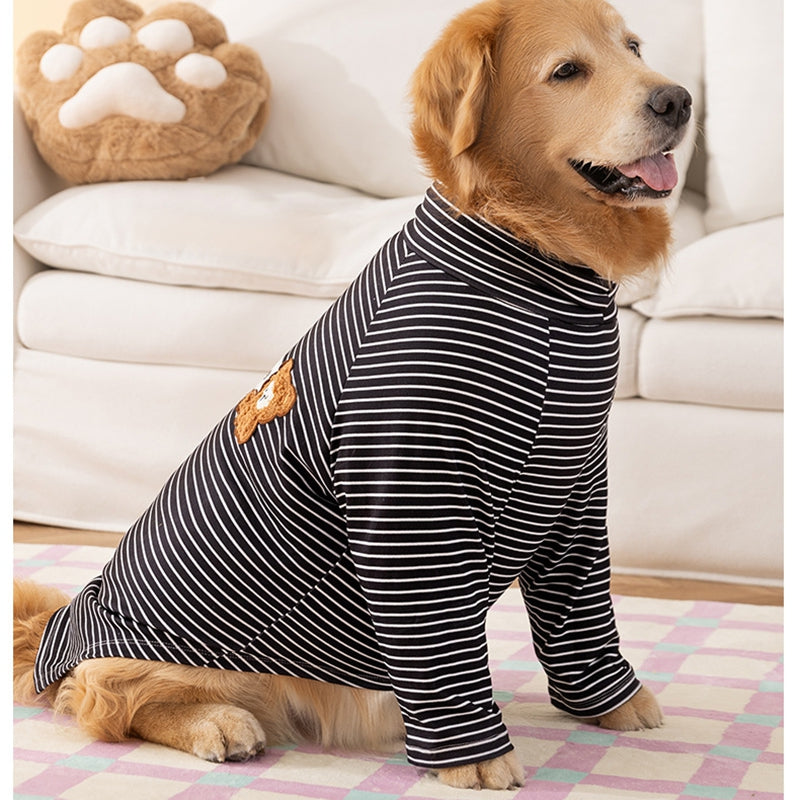 KFX-4674109 Striped High-Neck Fleece Shirt for Medium and Large Dogs - Comfortable, Soft Fabric with Cute Bear Embroidery