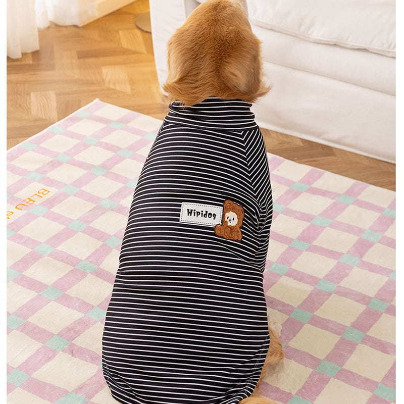 KFX-4674109 Striped High-Neck Fleece Shirt for Medium and Large Dogs - Comfortable, Soft Fabric with Cute Bear Embroidery