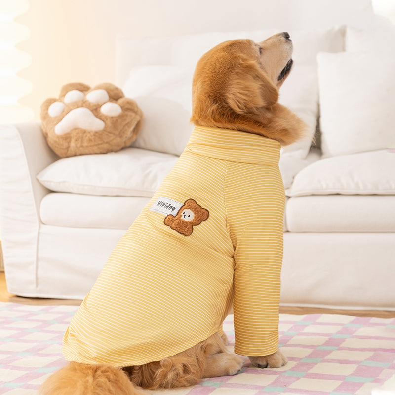 KFX-4674109 Striped High-Neck Fleece Shirt for Medium and Large Dogs - Comfortable, Soft Fabric with Cute Bear Embroidery