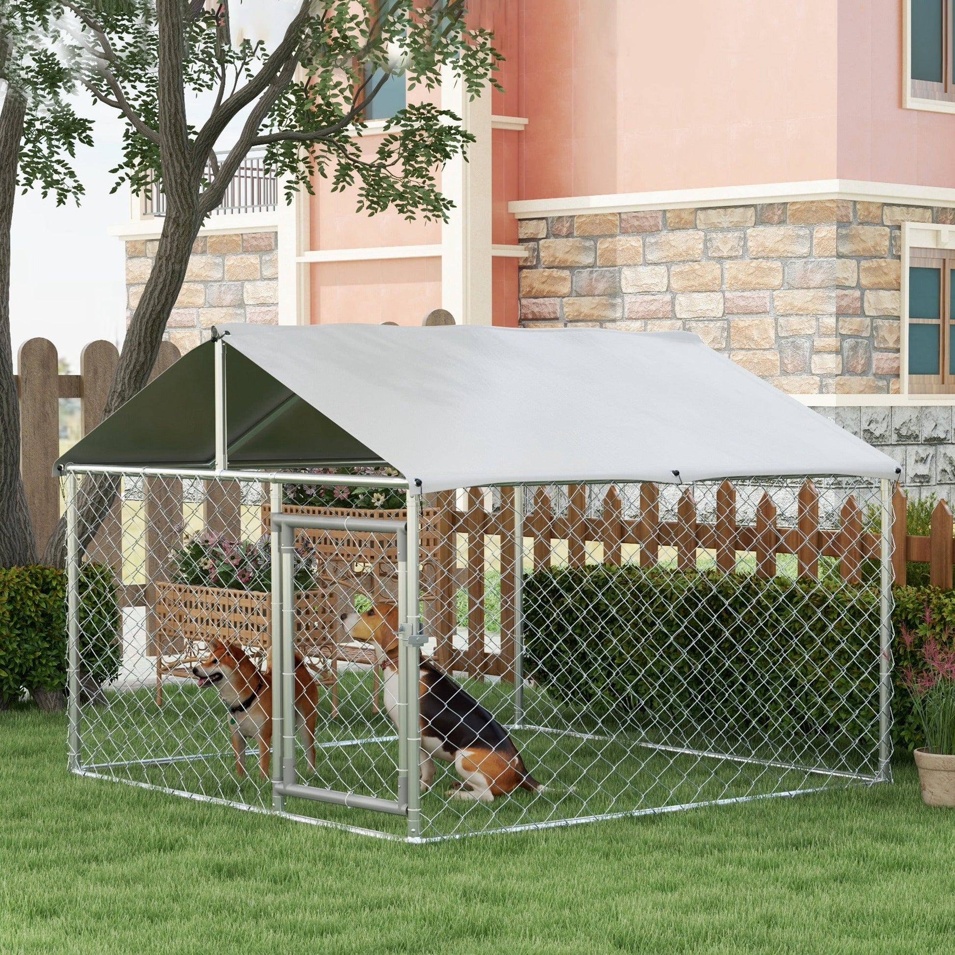 KFX-4678973 Outdoor Dog Kennel for Small and Medium Dogs with Waterproof Roof - Silver, 6.6' x 6.6' x 4.9'