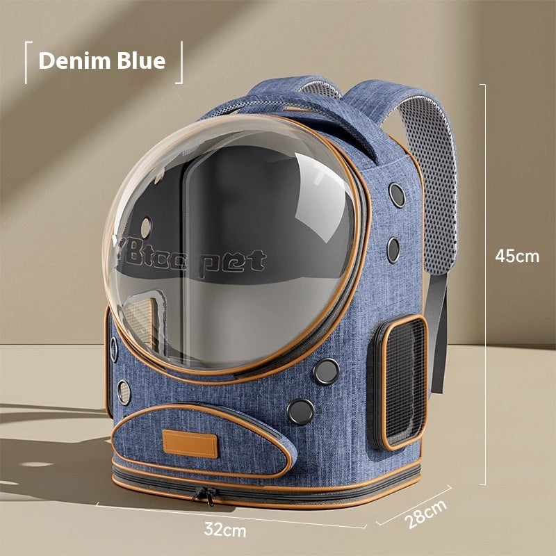KFX-4679357 Portable Outdoor Cat Backpack with Large Capacity and Panoramic Window in Denim Blue or Linen Gray